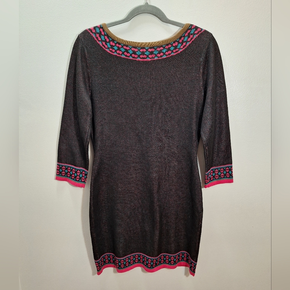 NWT FLYING TOMATO Multicolor Teal Pink Asymmetrical Midi Sweater Dress Medium - Picture 8 of 14